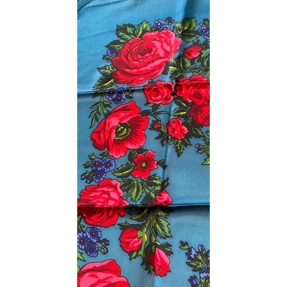 Vintage Scarf Blue Red Pink Floral Design Handmade 100% Acetate Rolled Hem NWOT - Picture 9 of 10
